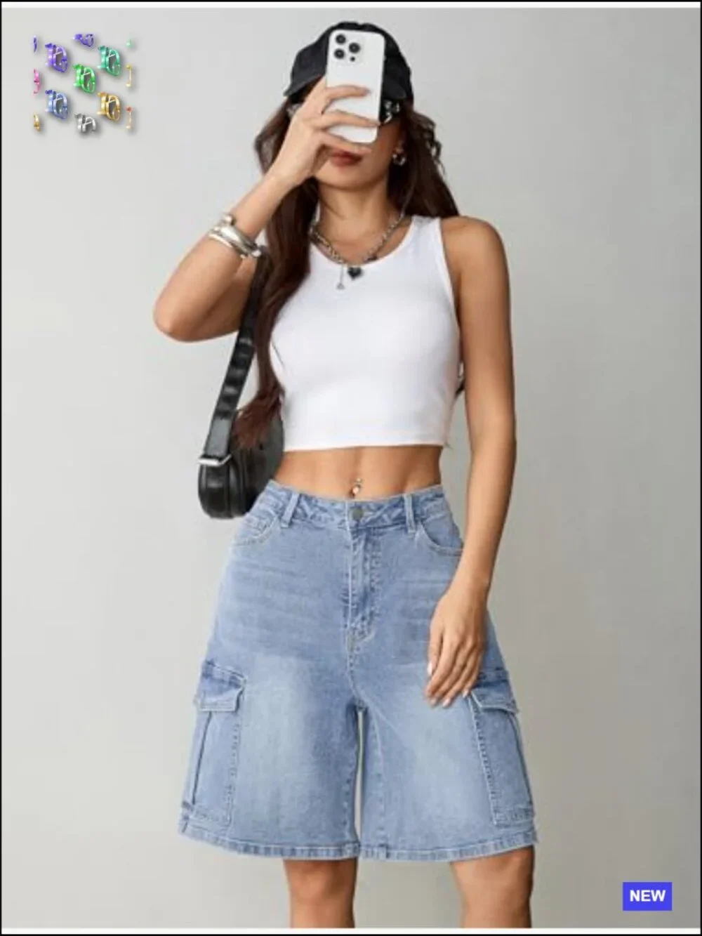 Baggy Bermuda Cargo Jorts Y2K Knee Length Stretchy Denim Shorts 6 Pockets